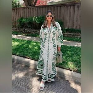 Magaschoni Green and White Resort Maxi Dress with Bishop Sleeves